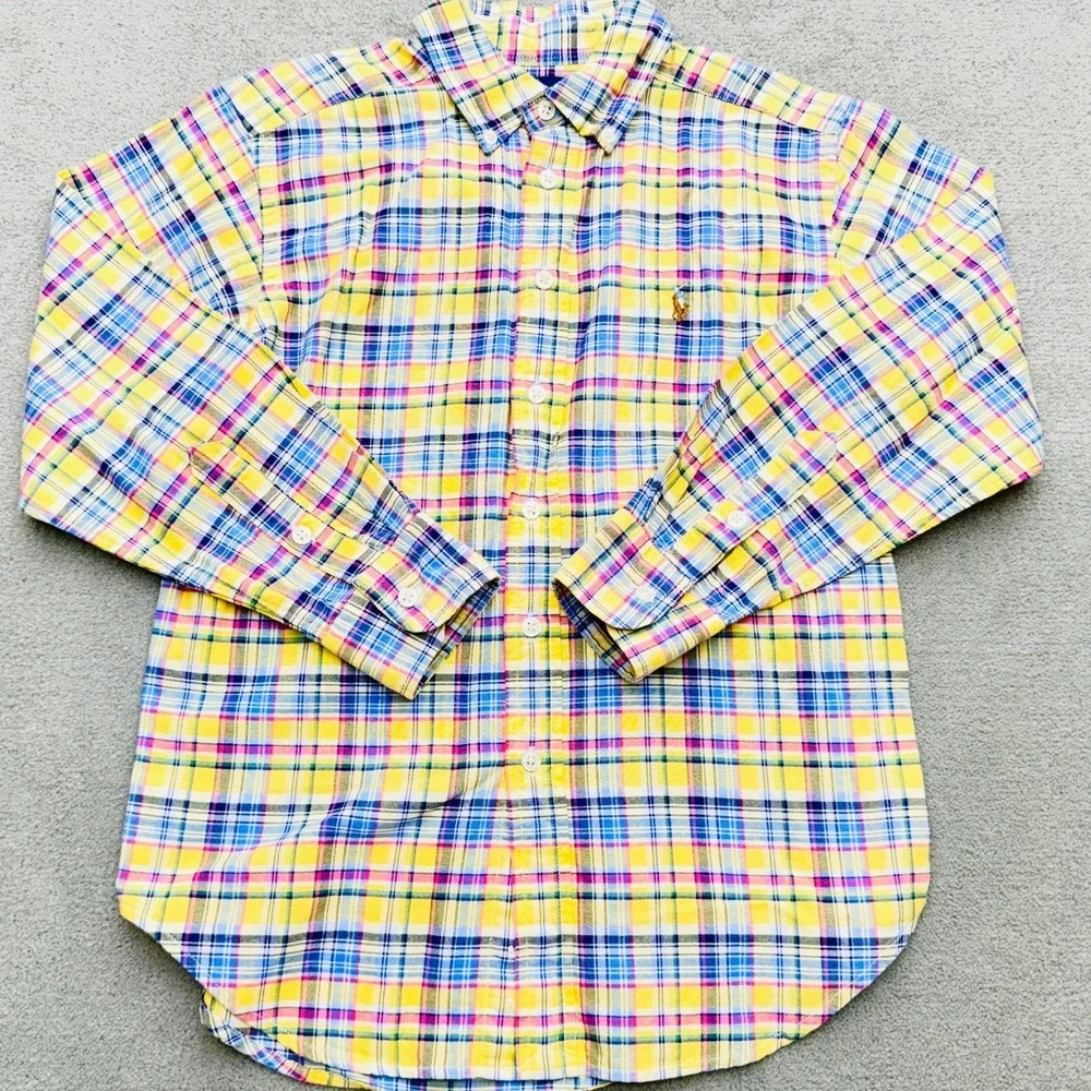 Ralph Lauren Boys Shirt Size 10 Yellow Multicolor Plaid Flesh Pony Long Sleeve